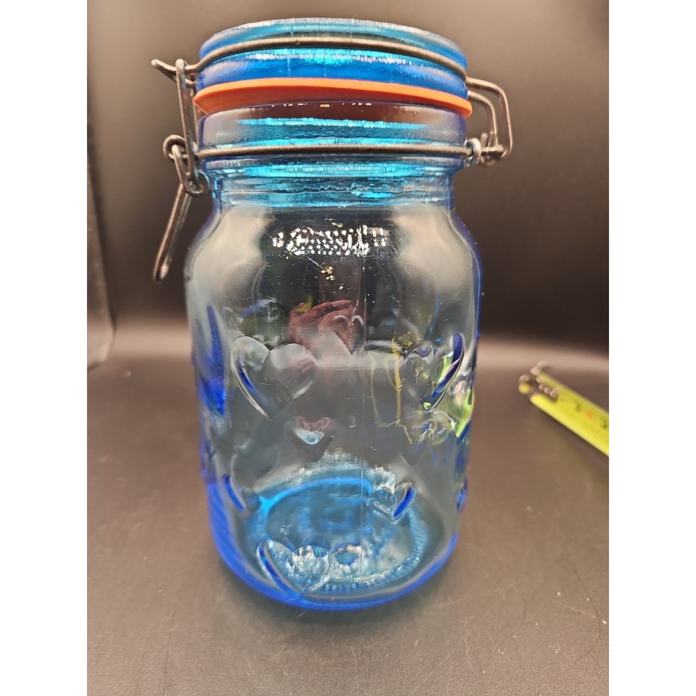 Vintage Blue Glass Storage Jar Hearts Crownford Giftware Corp  8 In Tall  002